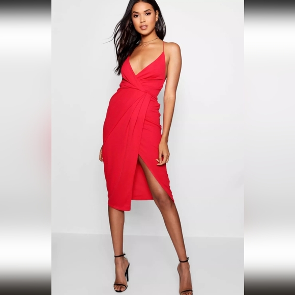 Boohoo Dresses & Skirts - Red Strappy Wrap Detail Midi Dress Size Small